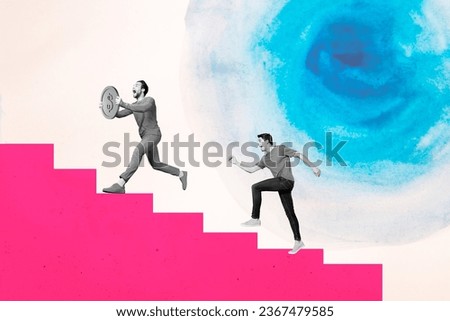 Artwork collage image of two crazy guy running forward aim goal success carry golden coin nft token isolated on painted background