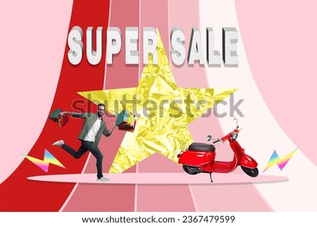 Promo banner collage of happy cheerful guy running carrying packages online internet order isolated on drawing shine background