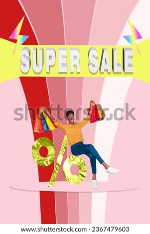 Vertical collage picture of excited funky person hands hold shopping bags sit huge percent symbol super sale isolated on creative background