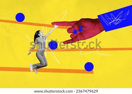 Sketch collage picture of cheerful positive gilr have fun jump up touch huge finger isolated on yellow blue color background