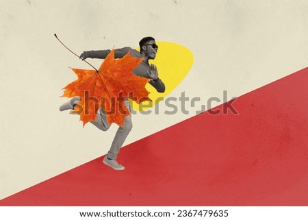 Composite creative photo illustration collage of impressed guy hurry run shopping with big maple leaf isolated on painted background