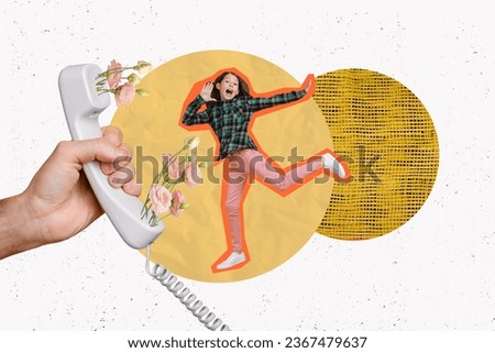 Banner 3d pinup pop collage of happy cheerful crazy girl listening birthday congratulation greeting isolated on painted background