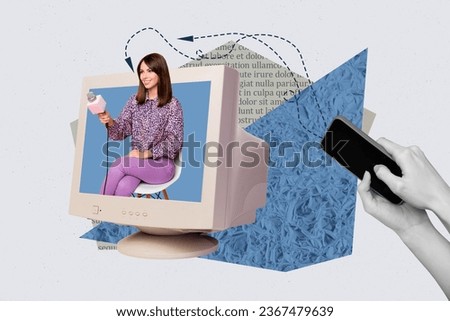 Banner collage picture of successful woman in computer monitor speaking interview live stream isolated on drawing background