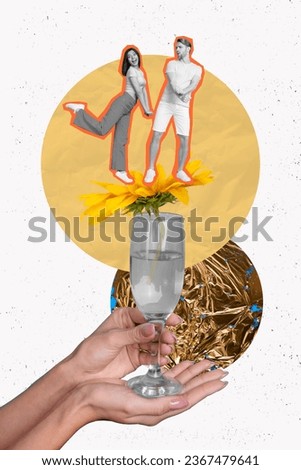 Image 3d collage of arms old glass champagne beverage fresh flower people dance celebrate anniversary isolated on bright glossy background