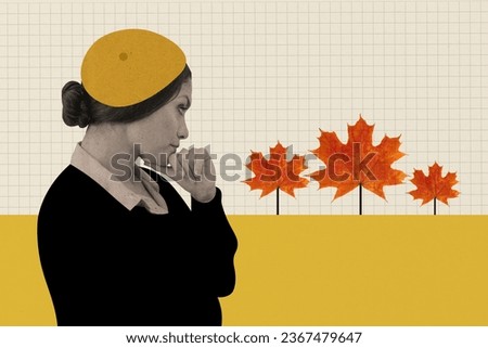 Template graphics collage image of thoughtful lady looking falling maple leaves isolated beige color background
