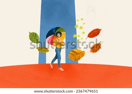 Photo collage artwork minimal picture of happy smiling lady walking enjoying autumn weather isolated graphical background