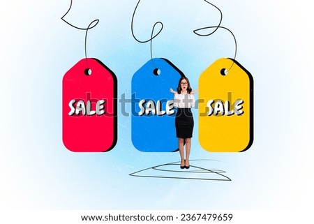 Creative composite photo illustration collage of ecstatic impressed woman staring at unbelievable sale isolated painted background