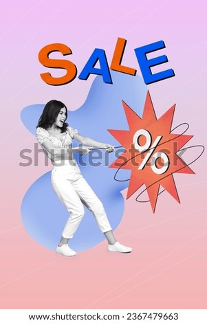 Vertical composite template sketch photo collage of excited funny woman pull sale announcement isolated creative colorful background