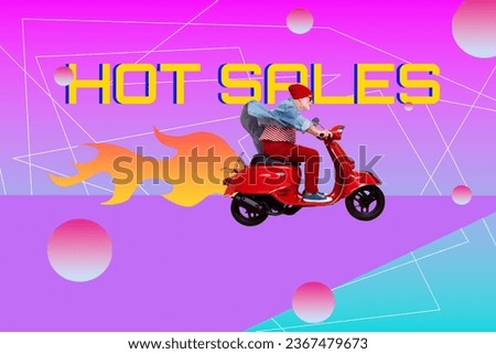 3d retro abstract creative artwork template collage of riding driving old retired mature man scooter motorcycle fire hurry fast speed sales
