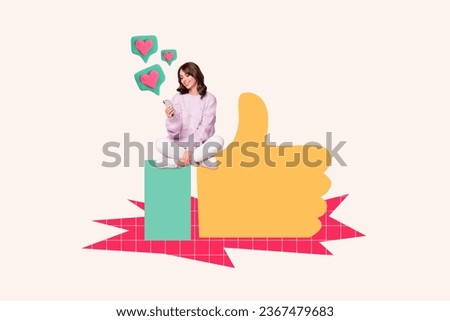 Artwork collage picture of happy positive girl writing sending comment instagram facebook likes isolated on white color background