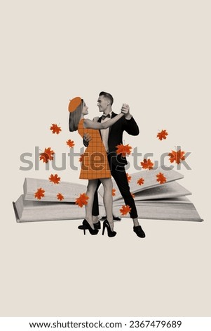 Vertical composite abstract creative photo collage of beautiful couple dancing under fallen leaves in autumn isolated drawing background