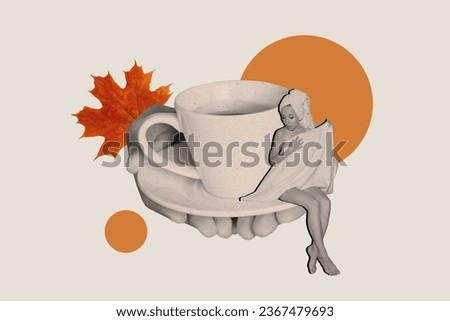 Composite creative 3d abstract photo collage of beautiful woman in towel sit on cup of espresso isolated on white color background