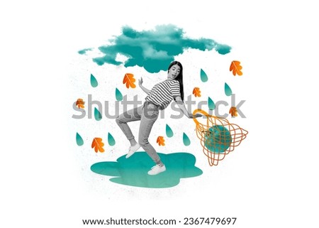 Collage of funny young woman scared huge water puddle rainy weather october fall season vibe carry net apple isolated on white background