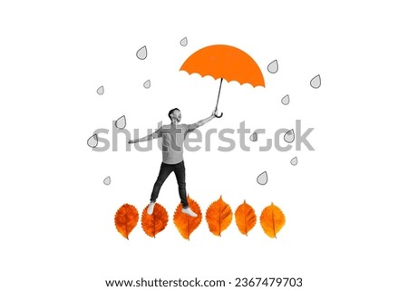 Composite creative photo abstract collage of good mood man dancing in rain on leaves with parasol isolated on white color background