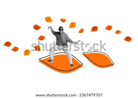 Composite design collage image of funky cool guy wear sunglass surfing golden orange drawn leaf october isolated on white background