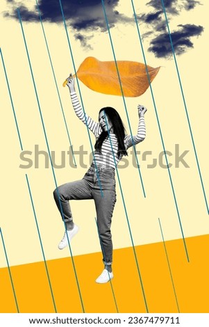 Collage artwork picture of crazy carefree woman walk street under rain hand hold large dry yellow leaf isolated on drawing background