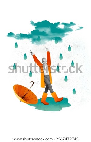 Collage illustration of senior man enjoy stormy weather clouds raindrops wear waterproof jacket rubber shoes isolated on white background