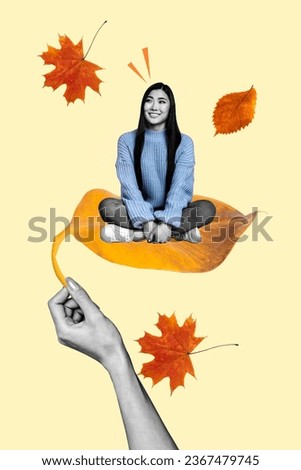 Poster collage artwork picture of pretty cute lady sitting on dry leaf enjoy cozy atmosphere isolated drawing beige color background