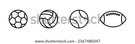 Ball icons set. Sport ball icon in line. Football and volleyball icons set. Soccer and tennis ball. Stock vector illustration.