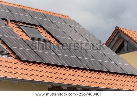 new building area wit solar panel on rooftop in south germany summer blue sky day with cloudy sky weather Royalty-Free Stock Photo #2367483409