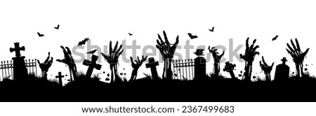 Scary cemetery landscape, zombie hand silhouettes. Vector creepy graveyard with monster arms stick up from the tombs, crows sitting on fence, black necropolis with undead creatures on white background Royalty-Free Stock Photo #2367499683