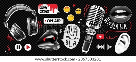 A grunge set of collage elements on the theme of a true-crime podcast. Speech bubble, ear and lips. Trendy illustration with likes on transparent background as png.  Royalty-Free Stock Photo #2367503281