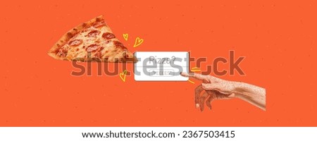 The hand reaches for the pizza with notification. A modern trendy illustration. Halftone effect collage with colorful doodles. Vector banner on noisy orange background. 