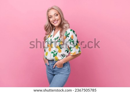 Portrait of lovely gorgeous woman with curly hairdo wear stylish shirt look at discount empty space isolated on pink color background