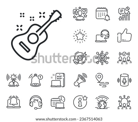 Music sign. Place location, technology and smart speaker outline icons. Acoustic guitar line icon. Musical instrument symbol. Guitar line sign. Influencer, brand ambassador icon. Vector