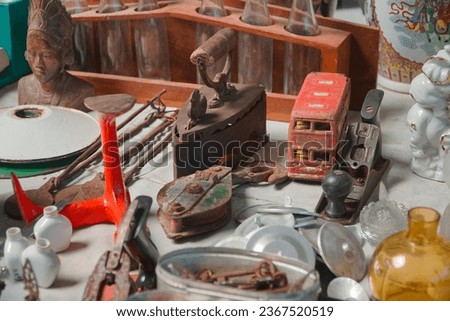 A collection of used and old goods in the flea market