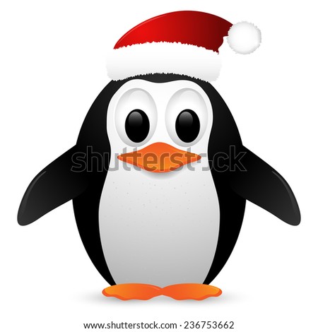 Penguin with santa hat isolated on white background. Vector illustration.