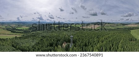 Margaret tower (Rozhledna sv. Marketa) close to Dlazovice,Klatovy, aerial panorama landscape view of lookout tower and small chapel next to it,Sumava mountains Royalty-Free Stock Photo #2367540891