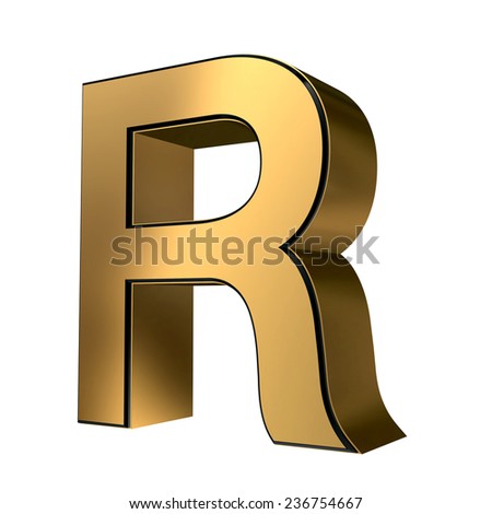 Golden with black rim high quality 3d render font type letter R isolated on white , uppercase