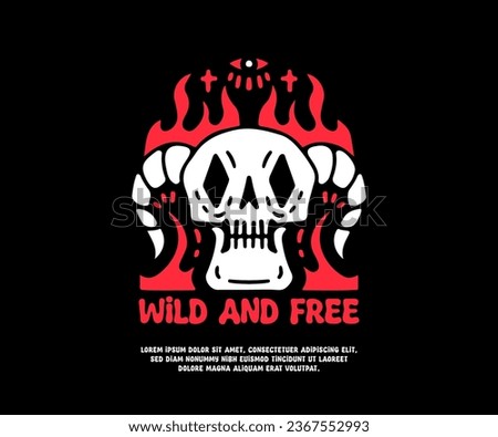 Devil skull on fire with wild and free text, illustration for logo, t-shirt, sticker, or apparel merchandise. With doodle, retro, groovy, and cartoon style.