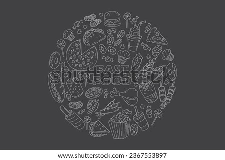 Set of fast food line icons doodles on black. menu or food package design. Vector illustration. Editable strocke