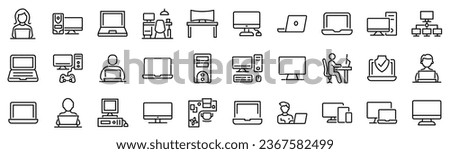 Set of 30 outline icons related to computer. Linear icon collection. Editable stroke. Vector illustration Royalty-Free Stock Photo #2367582499