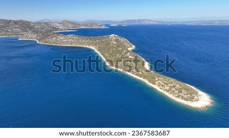 Aerial drone photo of Kinosoura long peninsula of land in paradise beach of Schoinias or Schinias, Marathon, Attica, Greece Royalty-Free Stock Photo #2367583687