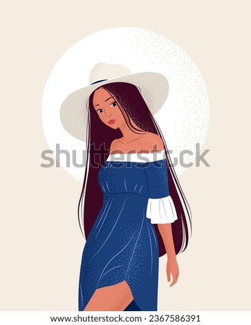 Vector vertical poster with woman in hat. Art