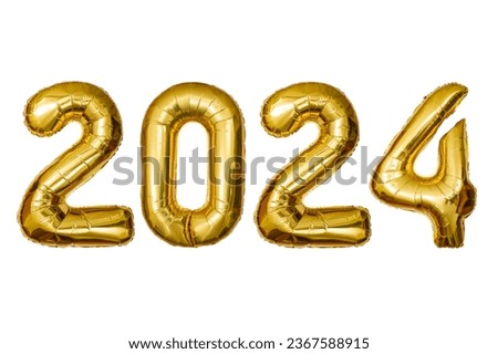 New Year 2024 celebration. Golden tin foil  balloons, 2024 numbers Isolated white background. New years eve Party, greeting card Royalty-Free Stock Photo #2367588915