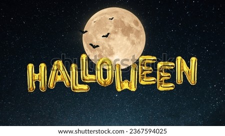 Golden Luxury Halloween balloons at night with stars and amazing full moon with bats, creative idea. Happy Halloween concept, card 
