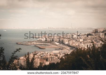 Beautiful panorama of the bay of Algiers, Alger, Algeria, with the Djamaa El-Djazaïr (English : Great Mosque) in the background. Cloudy sky.