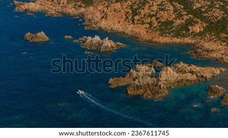 Rocky coast near Di Cala beach in the north-west of Sardinia.
Photos taken with a drone. Aerial photography. Sardinia, Italy.