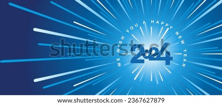 We wish you a Happy New Year 2024 high warp speed space blue type typography with abstract tunnel or speedometer shape on blue white background greeting card Royalty-Free Stock Photo #2367627879