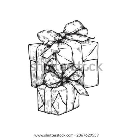 Hand drawn sketch gift boxes with bow and ribbon. Best for birthday, festive events designs. Vector illustration on white.