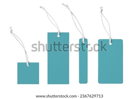Various shape of blank turquoise paper label or cloth tag set isolated on white background. Price tag mockup template with copy space for brand, information. Shopping, sale concept, black friday sale.