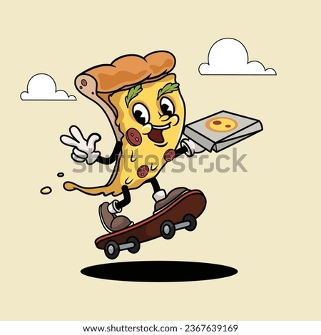 Pizza slice funny cartoon retro Pizza Character is delivering Pizza with skateboard. Best for Pizzeria designs. Vector illustration.