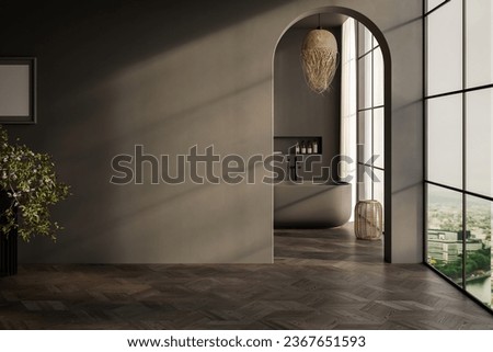 Stylish gray bathroom interior with parquet floor, window with mountain view, dark wall, big bathtub, and white basin with vertical mirrors and wooden vanity. 3d rendering copy space