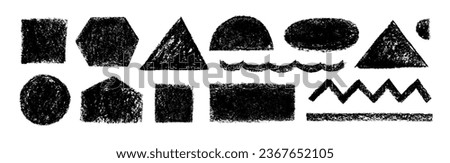 Set of charcoal geometric basic shapes. Hand drawn pencil or crayon texture, basic geometric figures like triangle, square, rectangle, circle and polygon. Bold lines. Noise grunge charcoal texture.  Royalty-Free Stock Photo #2367652105