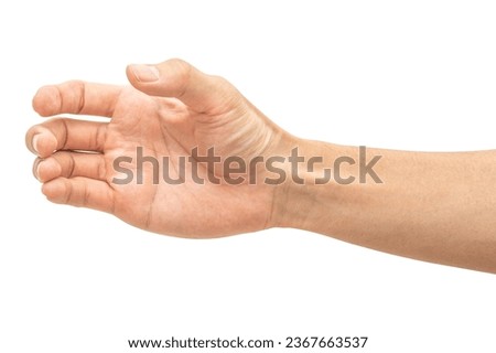 Close up male hand holding something like a bottle or can isolated on white background with clipping path. Royalty-Free Stock Photo #2367663537