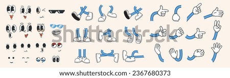 set of cartoon groovy 70s element. collection of various facial expressions, hands, feet and shoes. hippie style illustration suitable for decorative purposes Royalty-Free Stock Photo #2367680373